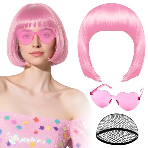 PLULON Pink-Color Bob Wig with Heart Sunglasses Hair Cap Neon Colored Wig