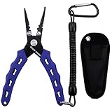 Fishing Pliers, Stainless Steel Fishing Tools, Saltwater Resistant Fishing Gear, Tungsten Carbide Cutters, Split Ring Pliers, Hook Remover with Coiled Lanyard and Sheath (Blue B - 6