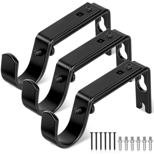Jikro Heavy Duty Curtain Rod Brackets Adjustable Wall Mount Iron Rod Holders for 1 Inch Rods Window Treatment Hardware Kit with Screws & Anchors (3PCS)