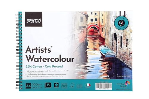 Image of BRUSTRO Artist's Wiro Watercolour Paper Pad, 300 GSM, A4(8.3x11.7 in), 25% Cotton, Cold Pressed, 15 Sheets with Cretacolor Studio Line Watercolor Pencil Set of 12,Assorted|for Drawing,Painting