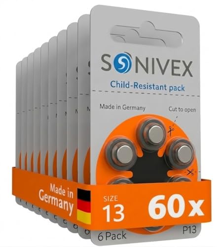 SONIVEX Size 13 Hearing Aid Batteries PR48 Zinc-Air Mercury Free Made in Germany 60 Count (10 Packs of 6)