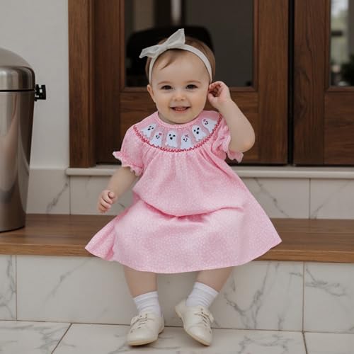 Toddler Baby Halloween Smocked Dress Puff Short Sleeve Pumpkin Embrodiery Plaid Vintage Dresses Princess Party Dress3