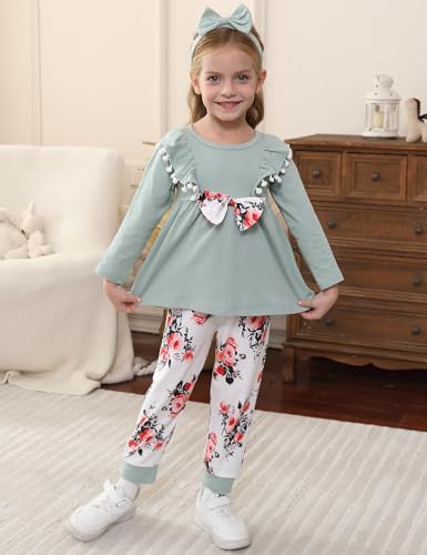 Image of mksodopy Toddler Girl Clothes Girl Fall Winter outfits Cotton Long Sleeves Ruffle Top Pants Little Girl Clothing Set