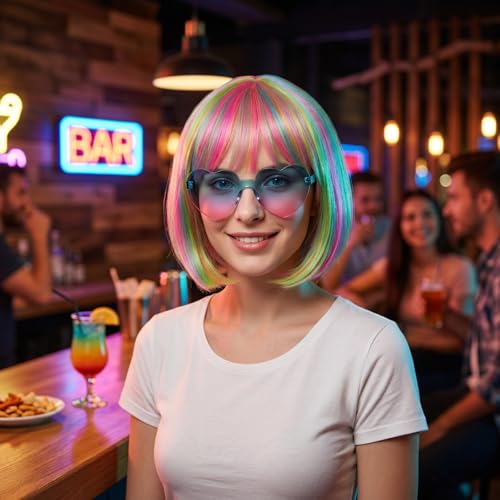 Image of Rainbow Wig, Colorful Wigs Set with Heart Sunglasses Hair Cap, Short Wigs for Women, Bachelorette, Cosplay and Halloween Costume, Fashion Rainbow Wigs for Daily Use and Special Events (Colorful)
