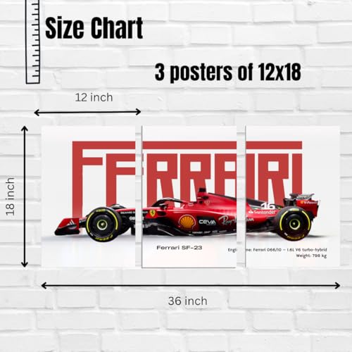 Image of Good Hope 3 Piece Car Split Poster Set for Room, Garage, Biker Cafe, Wall Art Home, Office, Living Room, Bedroom, Hostel boys Girls Gift Wallpaper Sticker Wall Decorations (Split Poster, Ferrari Font F1, Large (12x18 Inch))