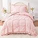 Wowelife Twin Comforter Set for Girls, Boho Pintuck Bedding Comforter Sets, 4 Pieces Ruffles Jacquard Embroidery Twin Bedding Sets with Comforter, Fitted Sheet, Flat Sheet and Pillowcase, Pink