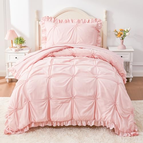 Image of Twin Comforter Set for Girls, Boho Pintuck Bedding Comforter Sets, 4 Pieces Ruffles Jacquard Embroidery Twin Bedding Sets with Comforter, Fitted Sheet, Flat Sheet and Pillowcase, Pink