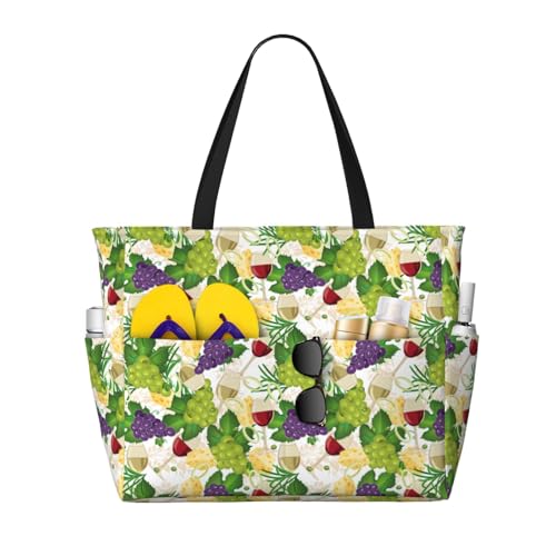 Large Beach Bags Water-resistant Sandproof - Wine Bottle Grape Cute Beach Tote Bags for Women with Zipper