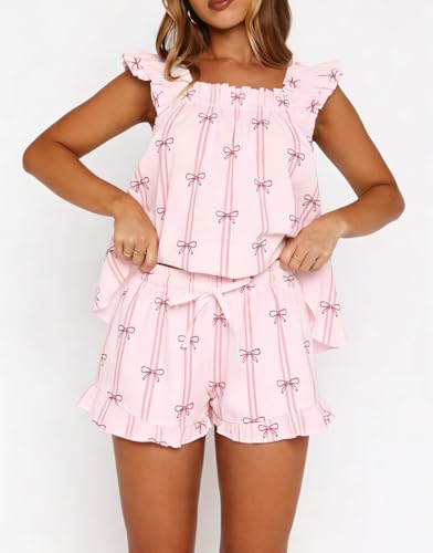 Image of ROAONOCOMO Women Floral Pajama Set Ruffle Babydoll Cami Top Coquette Pj Set Gingham 2 Piece Shorts Outfit Bridal Loungewear