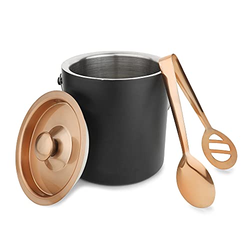 Coco Kitchen Double Walled Stainless Steel Insulated Black Ice Bucket with Lid and Ice Tong [1.5 Liter] | Keeps Ice Cold for 6 h | Great bar Tools for Home bar Accessories, Mini bar, Wine