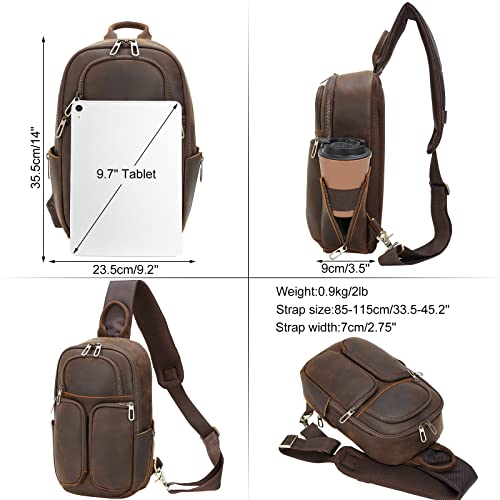 Masa Kawa Full Grain Leather Sling Crossbody Backpack Bags For Men Fits 9.7” Tablet Small Hiking Travel Shoulder Daypack Chest Bag, Vintage Brown #TOP4
