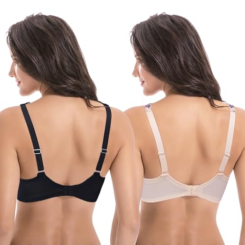 Image of Curve Muse Women's Minimizer Unlined Underwire Bra with Lace Embroidery-2 Pack