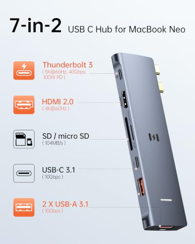 Image of USB C Adapter HDMI Hub for MacBook Neo /Air /Pro 2026-2018 Multiport Dongle | 7-in-2 MacBook Accessories Dongle,HDMI 4K@60Hz, Thunderbolt, 10Gbps USB-C /A data, SD /microSD reader, 100W PD, Plug & play.