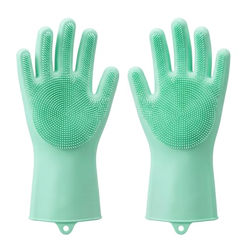 Image of Kitchen Dishwashing Gloves for Washing Dishes - Reusable Rubber /Silicone Cleaning Gloves for Kitchen, Bathroom & Car Cleaning - Waterproof Household Hand Gloves for Women, Home Essentials (Green)