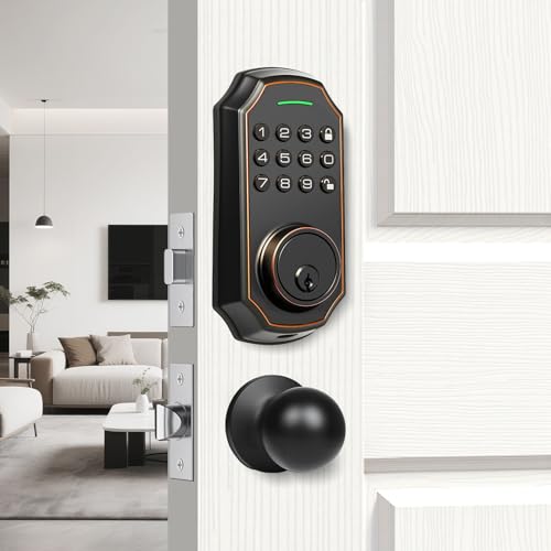 Smart Keyless Entry Door Lock with 2 Knobs,Front Door lock Handle Set,Electronic Digital Keypad Deadbolt,Auto Lock,50 User Codes,Voice Prompts,Anti-Peeking Password,Home, Apartment,Satin Nickel