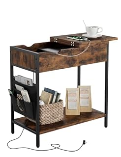 Nicehill Side Table with Charging Station, Narrow End Table with USB Ports, Outlets, Fabric Bags, Storage Shelf, Narrow Bedside Table for Small Rooms, Bedroom, Living Room, Easy Assembly, Rustic Brown