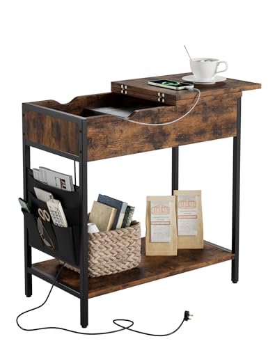 Nicehill Side Table with Charging Station, Narrow End Table with USB Ports, Outlets, Fabric Bags, Storage Shelf, Narrow Bedside Table for Small Rooms, Bedroom, Living Room, Easy Assembly, Rustic Brown