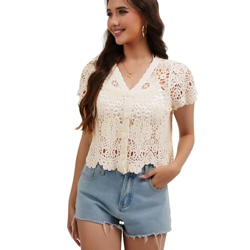 Image of Women's Short Sleeve Bolero Shrugs Crochet Lace Open Cardigan