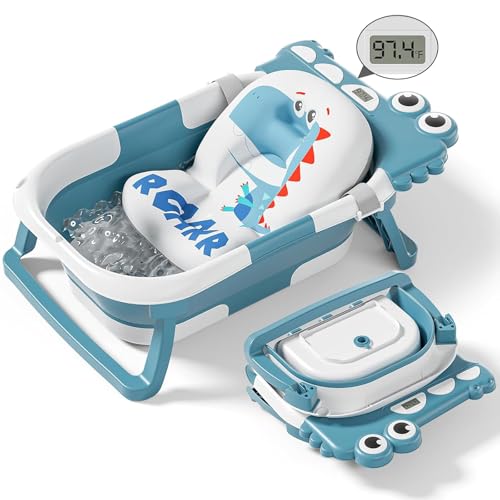 Image of Collapsible Baby Bathtub for Newborn, Foldable Baby Bath Tub with Thermometer & Soft Floating Cushion & Drain Hole, Portable Travel Infant Bath Tubs for Newborns to Toddler 0-36 Months Girl, Blue