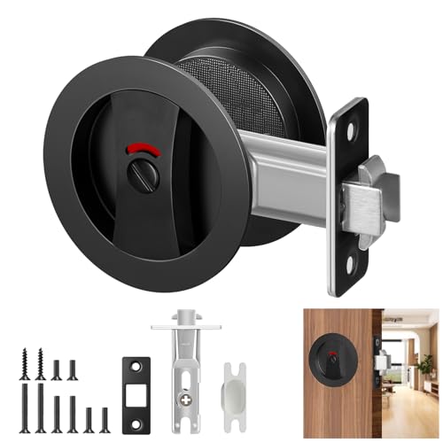 Aglehome Herrajes de puerta de bolsillo negro mate con indicador, cerradura de puerta redonda de privacidad contemporánea, herrajes de puerta de bolsillo resistentes para baño, respaldo de 2-3/8