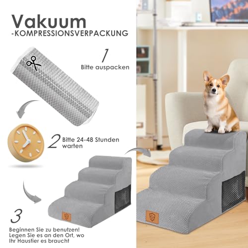 Myiosus Hundetreppe 4 Stufen, wasserdichte Haustiertreppe für Große Hunde und Katzen, rutschfest Hunderampe aus Schaumstoff, Waschbar Hunde Treppen mit Abnehmbarer Bezug für Sofa Hohe Bett, Grau