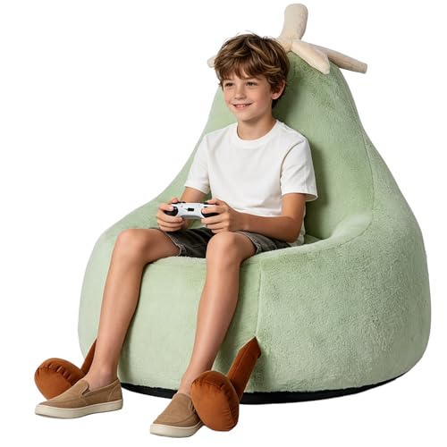 Image of 31 Inches Memory Foam Bean Bag Chair - Ultra Soft Faux Rabbit Fur Sofa with Handle & Machine Washable Cover, Comfy Lazy Chair for Kids Teens, Perfect for Reading Gaming in Living Room Bedroom,Green