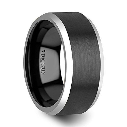 ASTON Black Brushed Center Tungsten Carbide Ring with Polished Beveled Edges 10mm Width