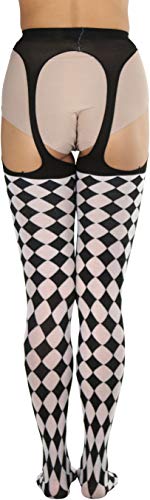 Image of ToBeInStyle Women's Harlequin Checkered Diamond Optical Illusion Opaque Tights Pantyhose - Black & White
