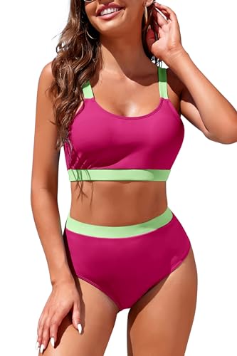 Image of Womens High Waisted Bikini Sets Sporty Crop Top Color Block Swimwear Bandeau Scoop Neck Vintage Two Piece Bathing Suits