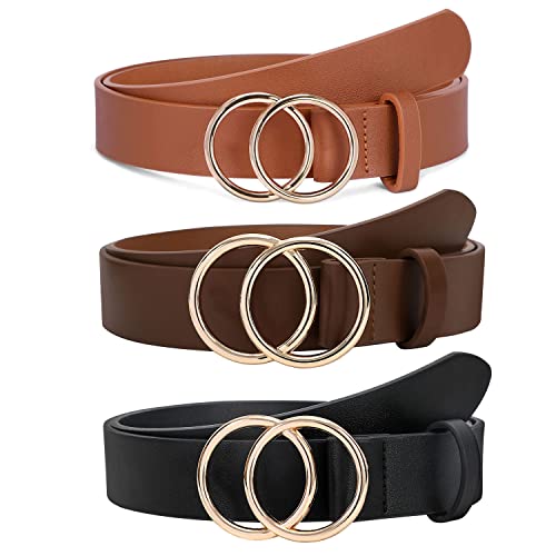 Women's Genuine Leather Belts - Double O-Ring Buckle Adjustable Waist Belts (Fits up to 58