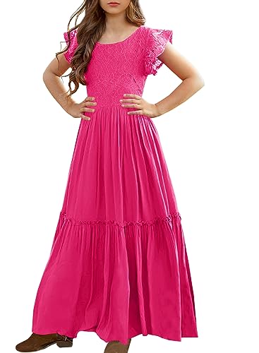 Image of MITILLY Girls Lace Flower Wedding Guest Long Maxi Dress for 6-12 Years | Girls Boho Dress, Girls' Special Occasion Dresses, Wedding Party, Size 6-12 Years, Ruffle Sleeve, A Line, With Pockets