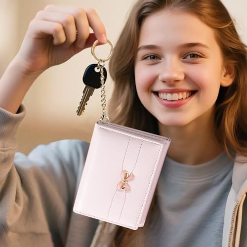 Image of Sunwel Fashion Cute Coquette Bow Wallet with Key-chain Aesthetic Card Holder ID Window for Women Girls (392PINK)