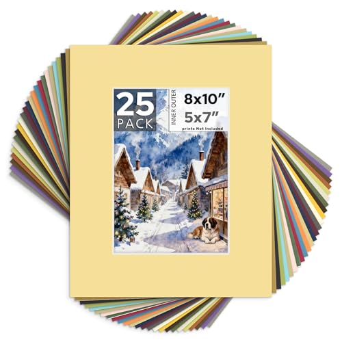 Mat Board Center, Pack of 25, 8x10 for 5x7 Mixed Color Mats - Acid Free, 4-ply Thickness, White Core - for Pictures, Photos, Framing