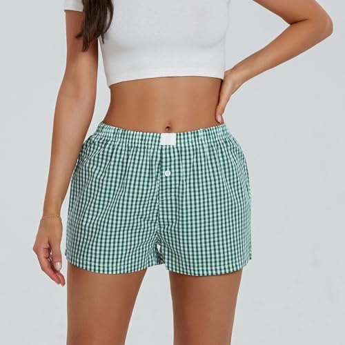 Image of Yuemengxuan Y2k Plaid Shorts Baggy Boxer Shorts for Women Elastic Waist Casual Lounge Bottom Gingham Pajama Shorts Sleepwear