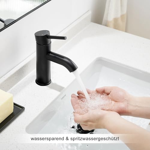 GENBONS Wasserhahn Bad Schwarz, Einlochmontage Waschbeckenarmatur Einhebelmischer, Matt schwarz Badarmatur, Waschtischarmatur, Wasserhahn schwarz, Edelstahl