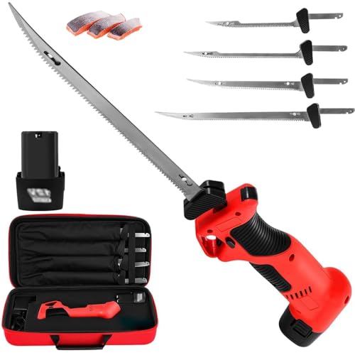 DOJOEUU Coltello elettrico per sfilettare il pesce senza fili, coltello per sfilettare ricaricabile con 4 lame rivestite in acciaio inossidabile e batteria, blocco di sicurezza, coltello