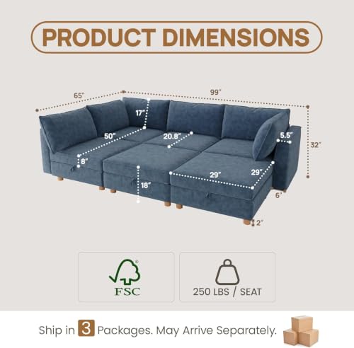 Image of 99 inch Chenille Modular Sofa Bed with Washable Covers & Storage, 6-Seater Modular Sectional Sleeper Sofa Bed with Movable Ottoman Chaise, Convertible Sleeper Sectional Couches for Living Room, Blue