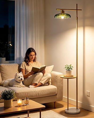 Image of Lightdot Glass Floor Lamp with Table, Gold Standing Lamp with Green Umbrella Glass Shade, Dimmable LED Floor Lamp with Marble Base for Living Room Bedroom, Bulb Included