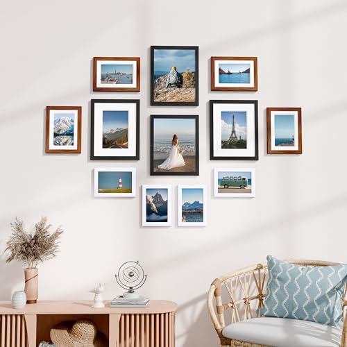 Image of Vittanly 12 Pack Picture Frames Collage Wall Decor for Mounting or Tabletop, Gallery Wall Frame Set for Family, Multi Sizes Including 4pcs 8x10, 4pcs 5x7, 4pcs 4x6, Black & Walnut Brown & White