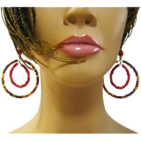 Gypsy style Big Mega Hoop Beaded Drop Earrings 3 inch long Pierced or Clip on Cover