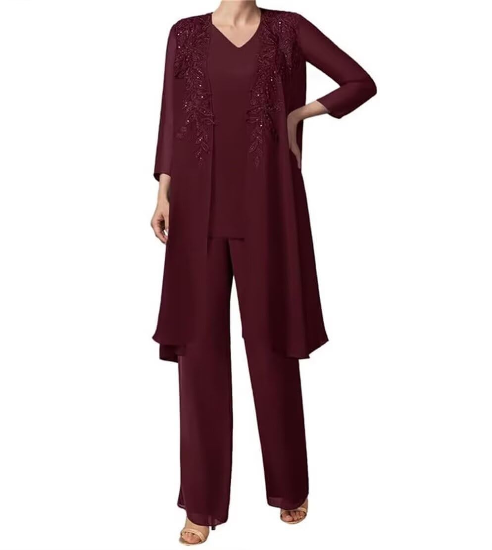 VK SelecMother of The Bride Lace Applique V Collar 3Pcs Women's Gentle Chiffon Pants Suits Wedding Party Outfit Evening Dress