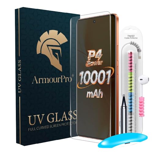 Image of ArmourPro UV Glue Tempered Glass for Realme P4 Power Curved Screen Protector, 9H Anti Scratch, Edge-to-Edge Coverage, HD Clarity, Easy UV Kit with Cable Protector