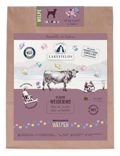 Lakefields Classic Trockenfutter für Welpen | Rind 60% | 1 x 1kg | Getreidefreies Welpenfutter trocken | Natürliche Zutaten in Lebensmittelqualität | Äpfel, Karotten & Zucchini | Schonend gebacken