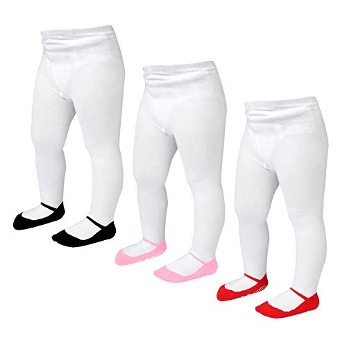 EPEIUS Little Girl Tights Toddler Girl Seamless Non Slip/Skid Grip Leggings Cotton Rich Footed Pants Stockings for 2-4 Years,3 Pair Pack,Black/Red/Pink