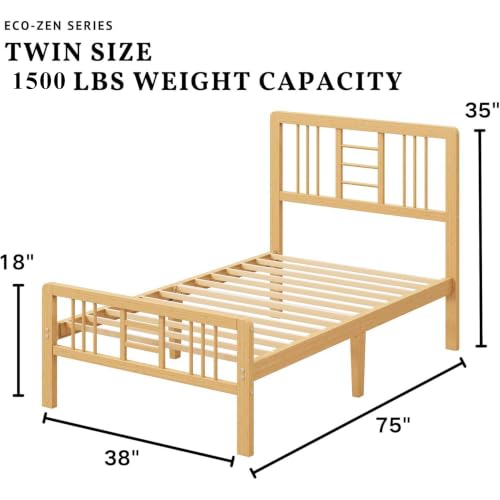Image of ZIYOO 12 Inch Twin Bamboo Bed Frame with Headboard, Modern Minimalist