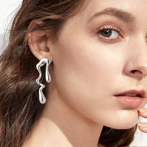 Irregular Waterdrop Earrings Mismatched Earrings, Melting Liquid Asymmetrical Stainless Steel Drop Earrings, Gold Statement Earrings for Women4
