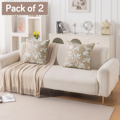 Image of HOKIPO 'Elira Series' Printed Quilted Cushion Cover for Sofa 22x22 Inches, Set of 2, Buff Brown Sillehoute Floral (AR-6232-C7*2)
