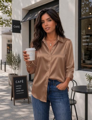 Image of Zeagoo Womens Satin Blouses Button Down Shirts 3 /4 Sleeve Dressy Tops S-2XL