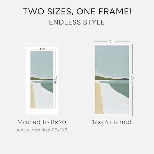 Image of Homeforia 12x24 White Picture Frame, High End Oak 12x24 Wood Poster Frames with Mat 8x20 Photo, 12 x 24 White Wooden Frames Matted to 8 by 20, 24x12 Panoramic Frame, Tempered Glass, Wall Kit, Set of 2