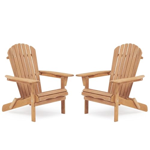 NoblleSprout Folding Adirondack Chairs Set of 2 with Pre-Assembled BackRest, Solid Wood Outdoor Lawn Cair Lounge Patio Chair for Garden Backyard Porch Fire Pit, Brown